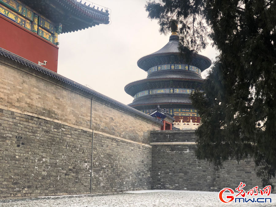 Scenery of Temple of Heaven Park after snowfall in Beijing