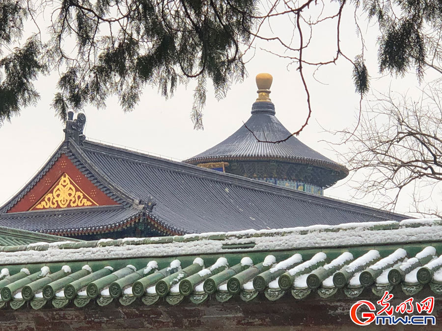 Scenery of Temple of Heaven Park after snowfall in Beijing