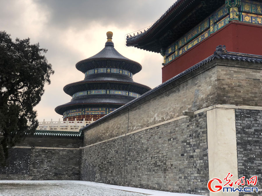 Scenery of Temple of Heaven Park after snowfall in Beijing