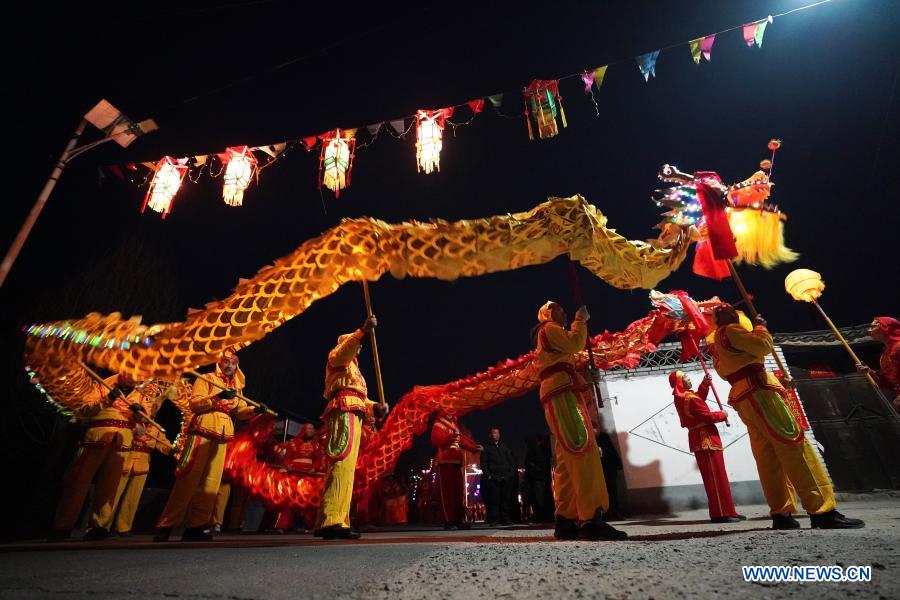 Villagers rehearse dragon and lion dance in Andi Village, Shanxi