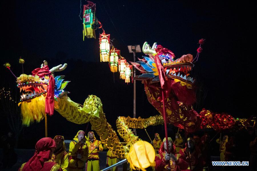 Villagers rehearse dragon and lion dance in Andi Village, Shanxi