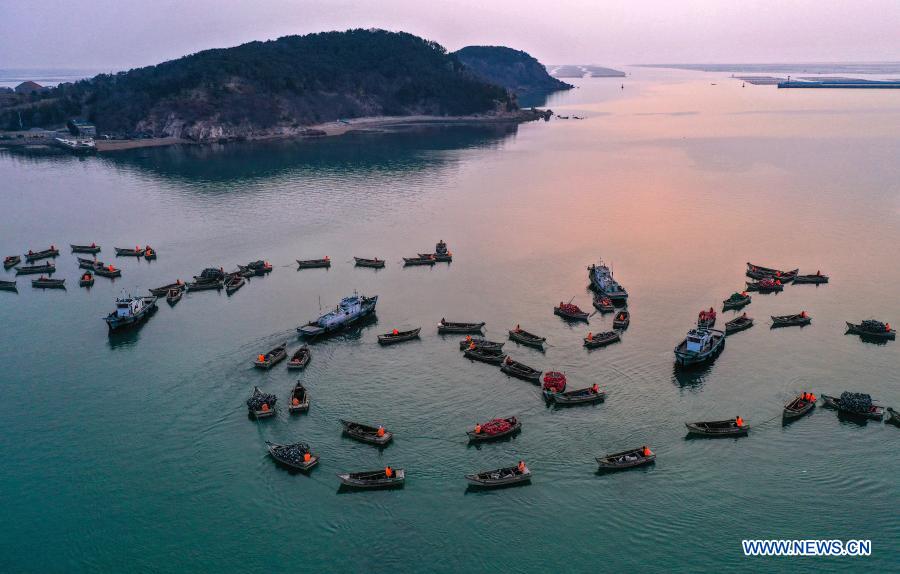 Fishermen row boats to mariculture zone as local aquatic products enter growing season in E China