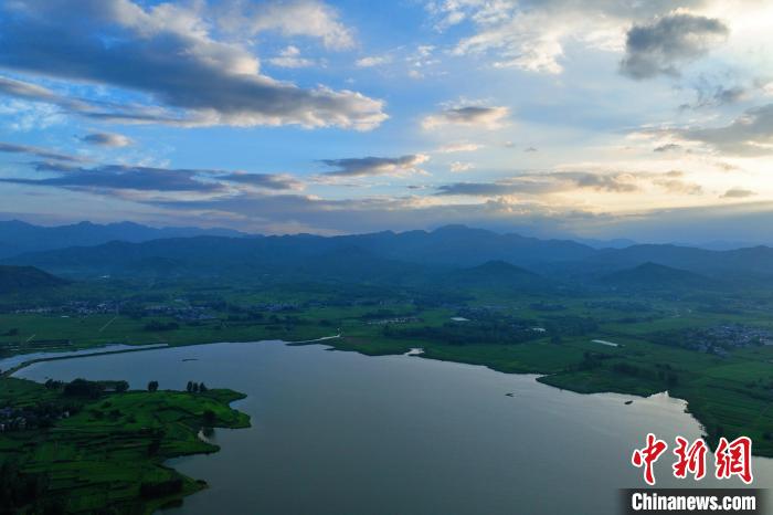 Aerial view of Zhenping County covered by morning glow in C China’s Henan Province