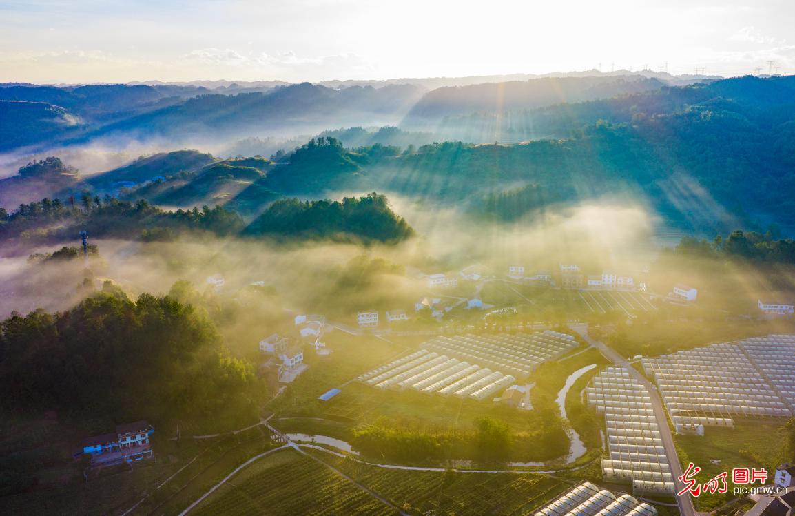 Morning light pierces the veil of mist over rural areas of Chongqing in SW China Morning light pierces the veil of mist over rural areas of Chongqing in SW China