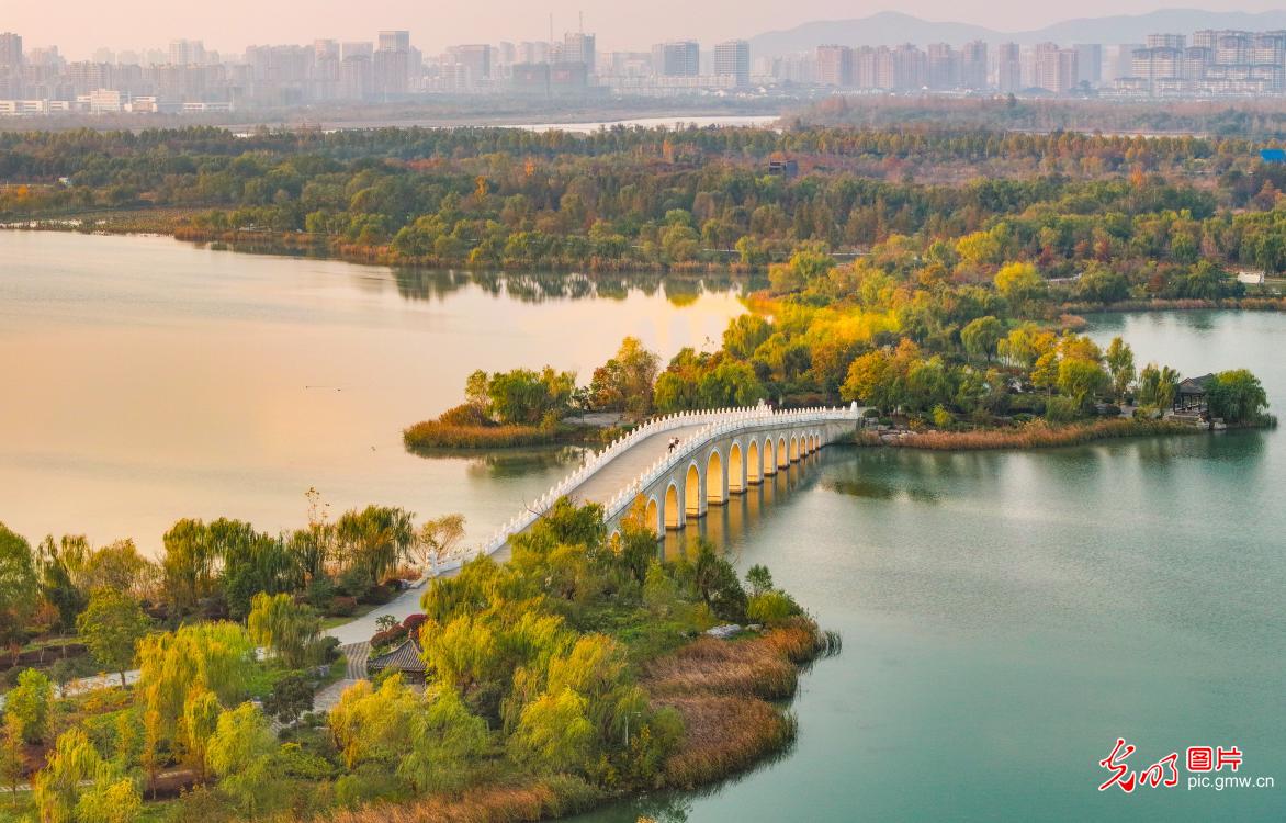 Golden sunlight shines through bridge arches at Nanhu Wetland Park