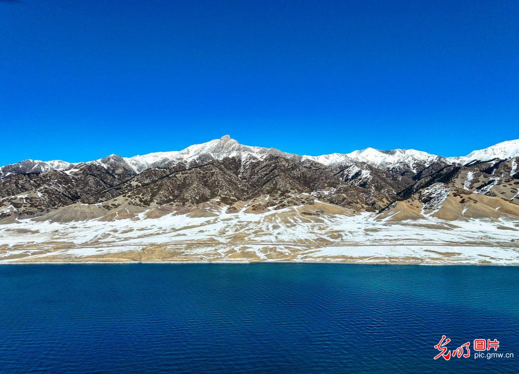 Winter ecological panorama at Sayram Lake in China's Xinjiang