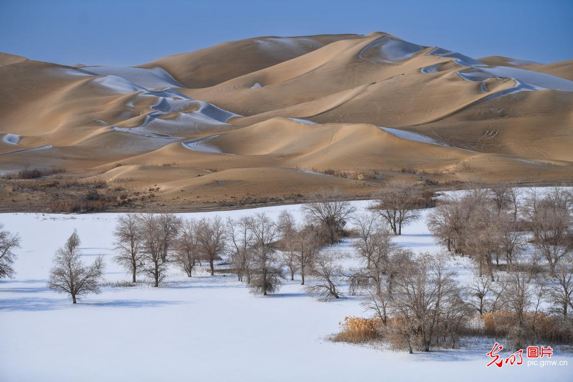 Snow scenery of Taklamakan Desert in Yuli County, NW China's Xinjiang
