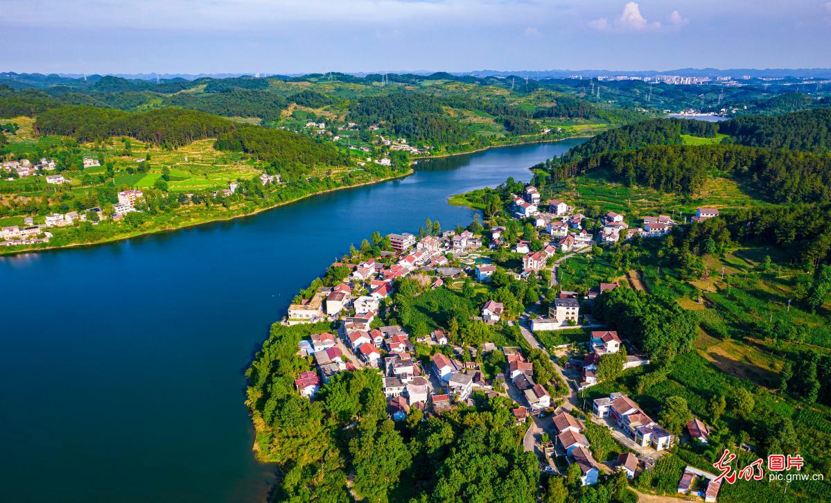 Scenic Summer Solstice landscape of mountain village in SW China's Guizhou