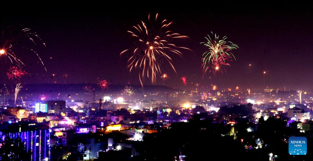 Fireworks illuminate sky during celebrations of Diwali festival in Bhopal, India