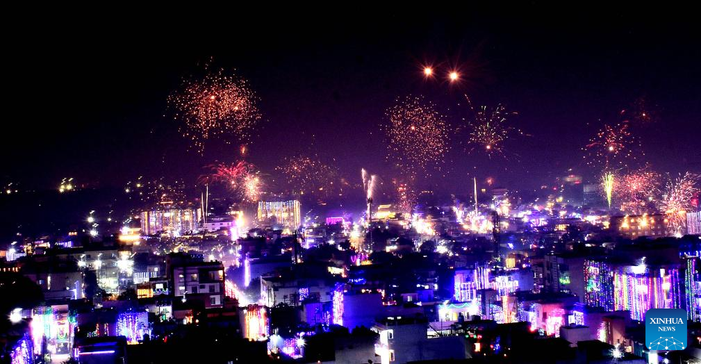 Fireworks illuminate sky during celebrations of Diwali festival in Bhopal, India