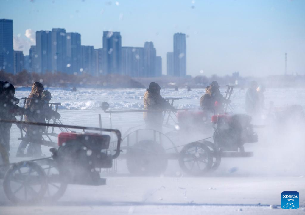 People collect ice from Songhua River in Harbin, NE China