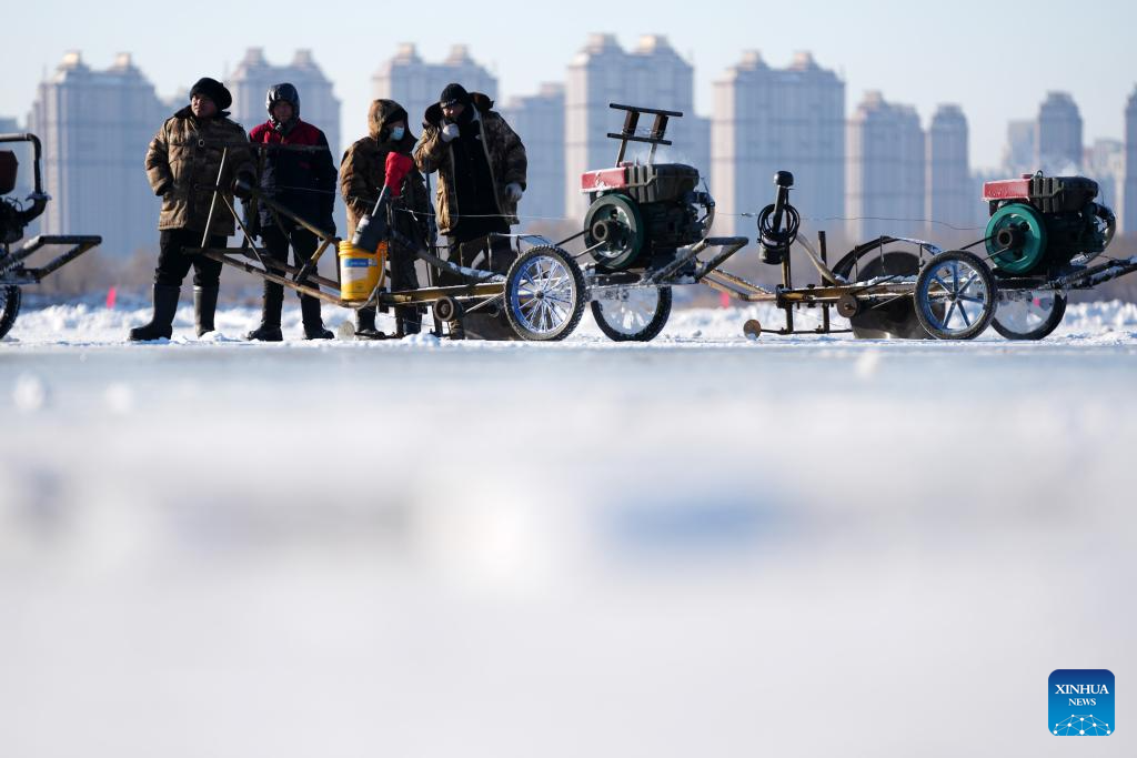 People collect ice from Songhua River in Harbin, NE China