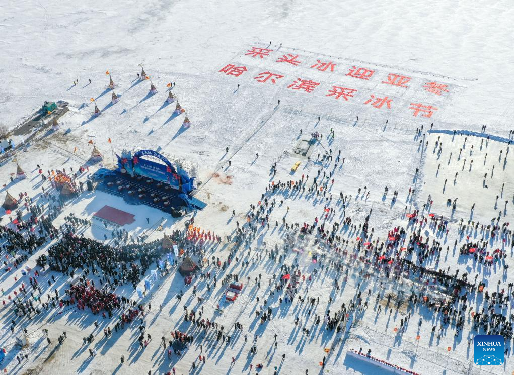 People collect ice from Songhua River in Harbin, NE China