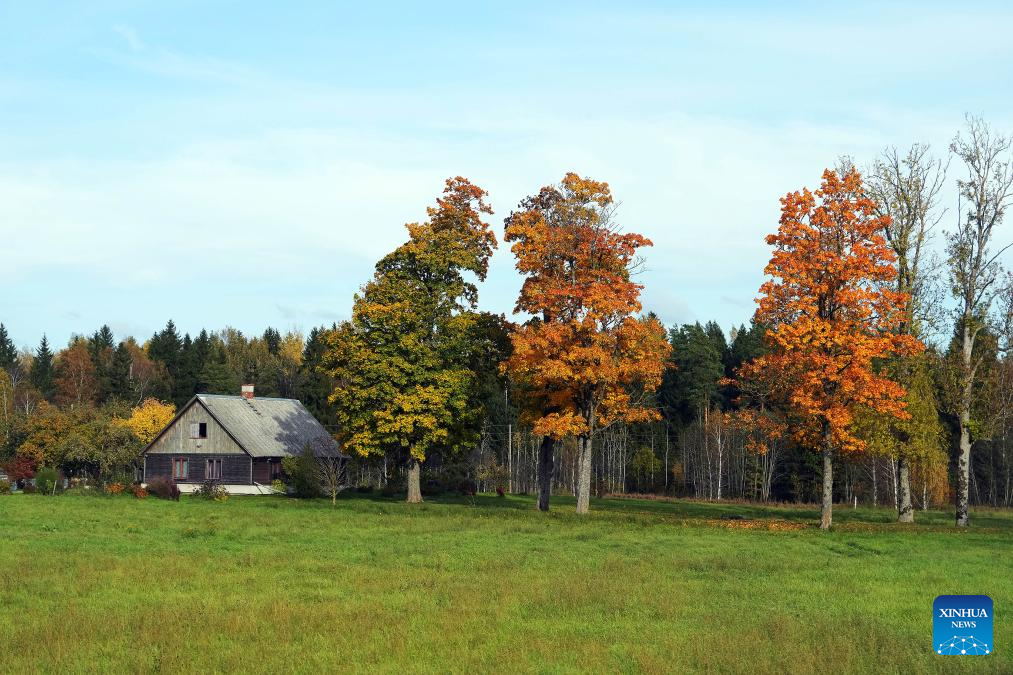 People enjoy autumn scenery in Ogre, Latvia