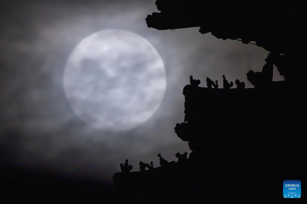 Full moon hangs over sky in NE China's Qiqihar