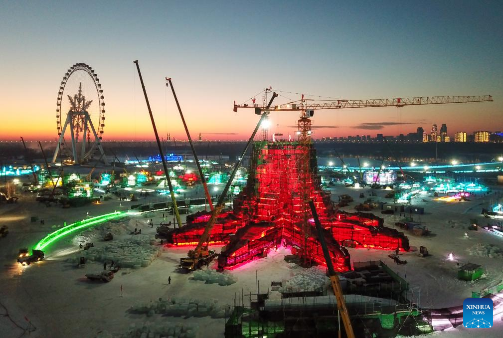 Harbin Ice-Snow World under construction in Heilongjiang, NE China