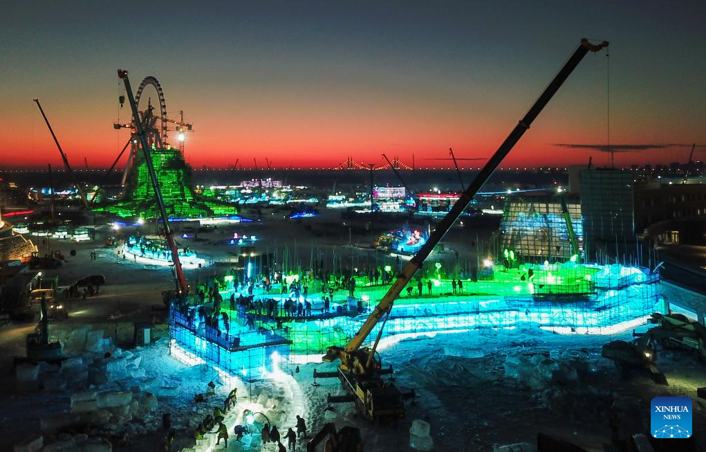 Harbin Ice-Snow World under construction in Heilongjiang, NE China