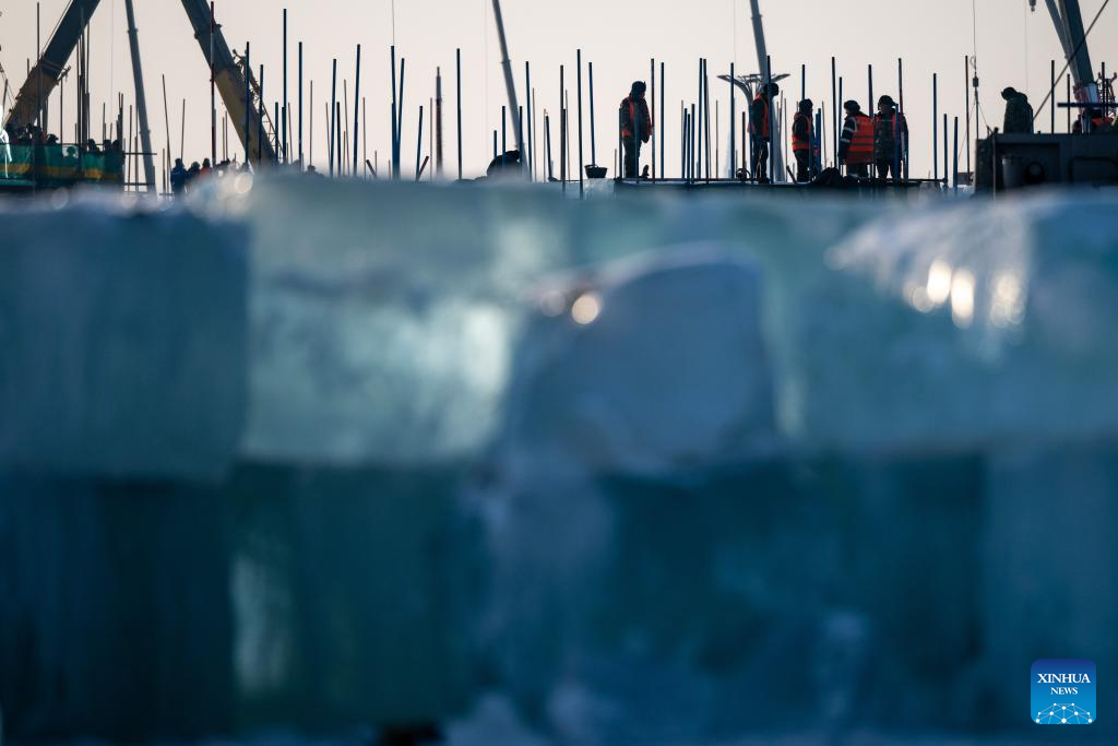 Harbin Ice-Snow World under construction in Heilongjiang, NE China