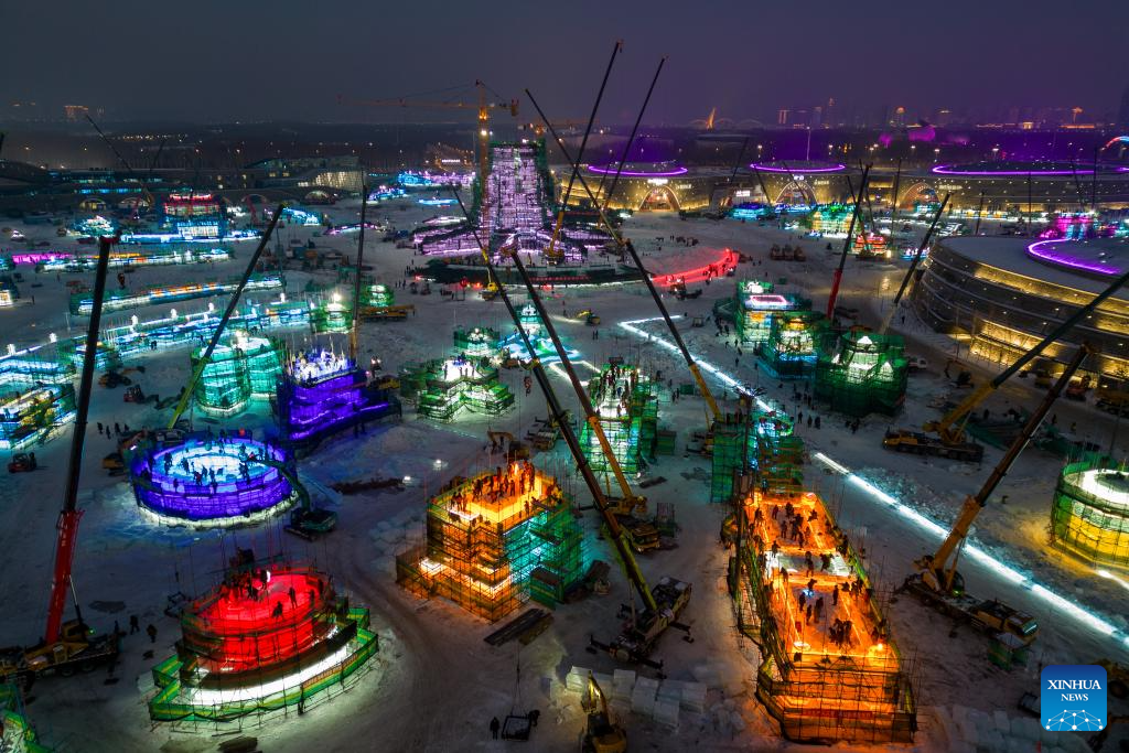 Harbin Ice-Snow World under construction in Heilongjiang, NE China