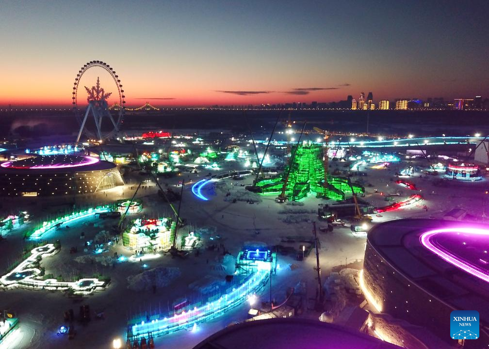 Harbin Ice-Snow World under construction in Heilongjiang, NE China