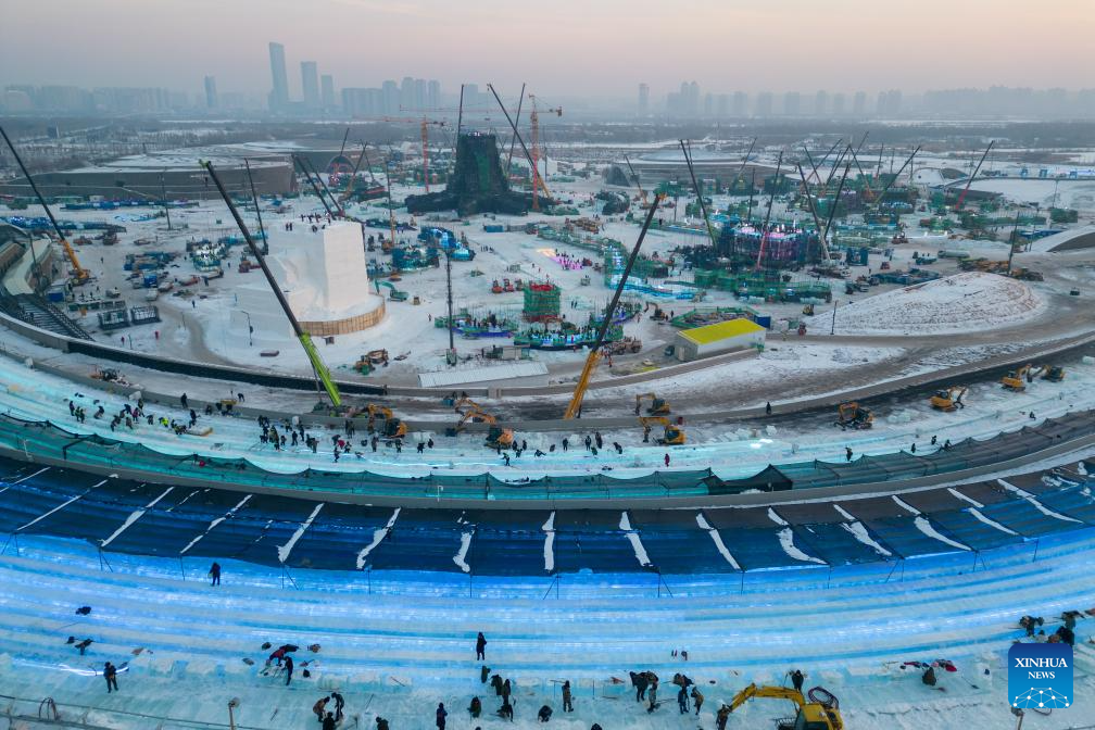 Harbin Ice-Snow World under construction in Heilongjiang, NE China