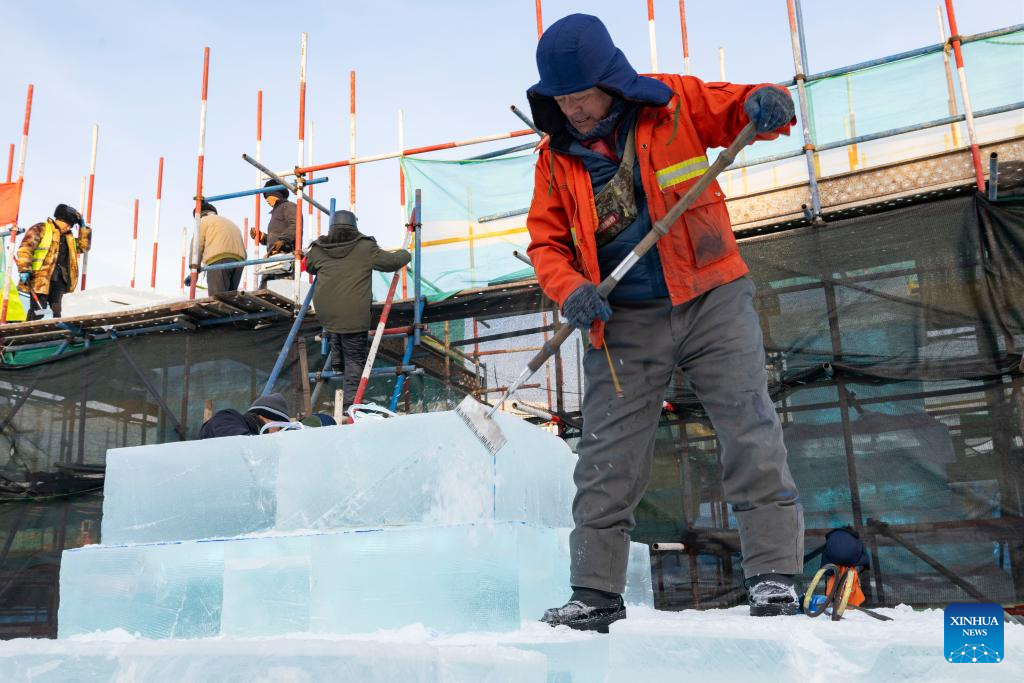 Harbin Ice-Snow World under construction in Heilongjiang, NE China