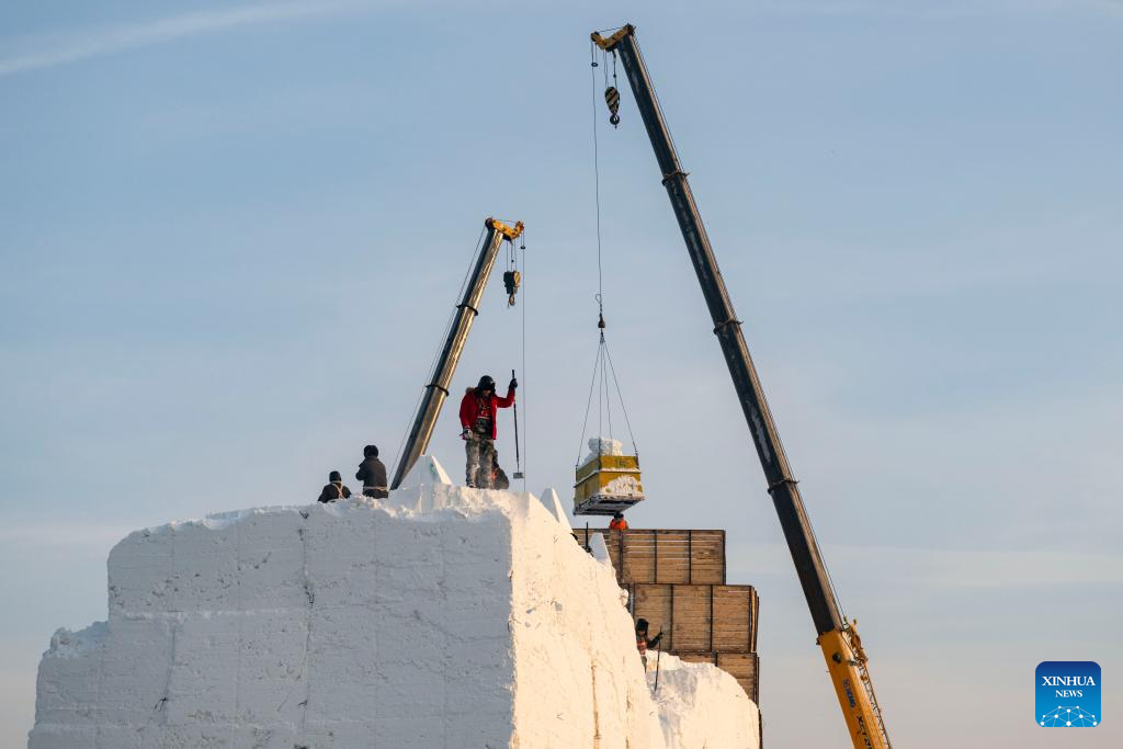 Harbin Ice-Snow World under construction in Heilongjiang, NE China