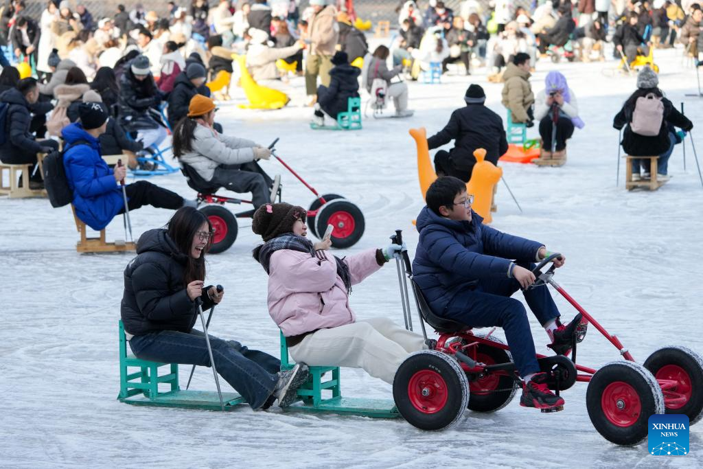 People have fun on ice rink at Tuanjiehu Park in Beijing