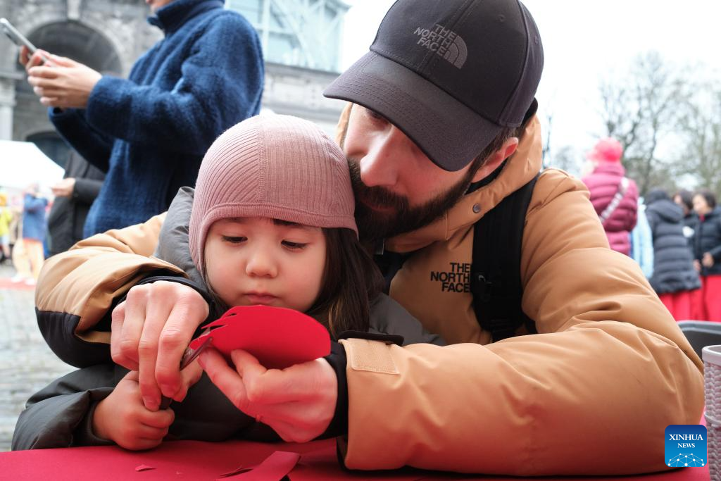 People visit temple fair in celebration of upcoming Spring Festival in Brussels, Belgium