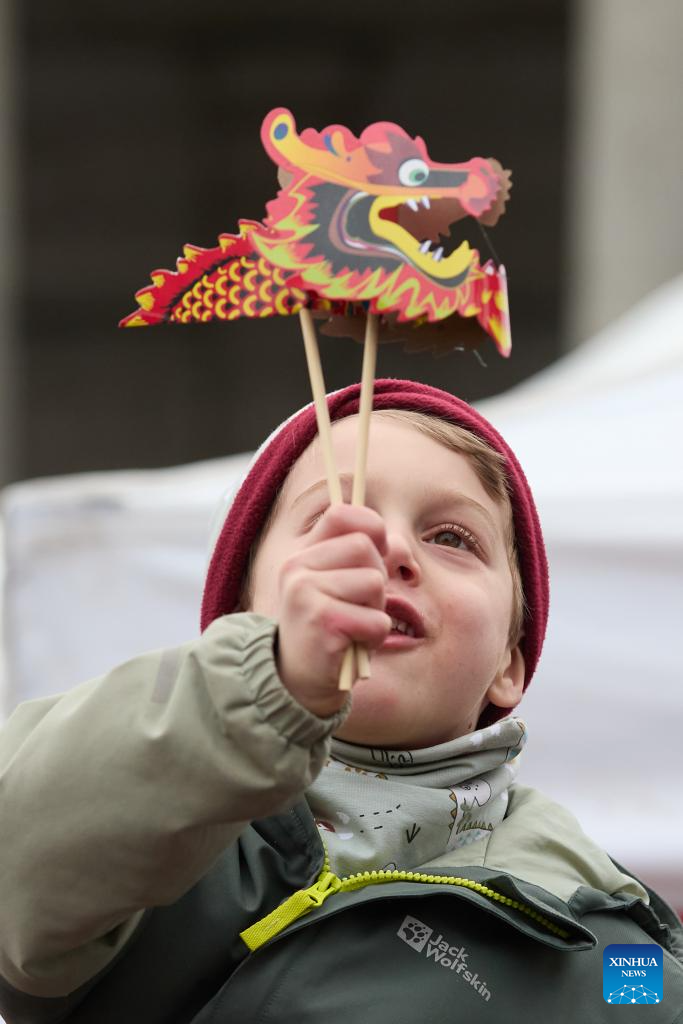 People visit temple fair in celebration of upcoming Spring Festival in Brussels, Belgium