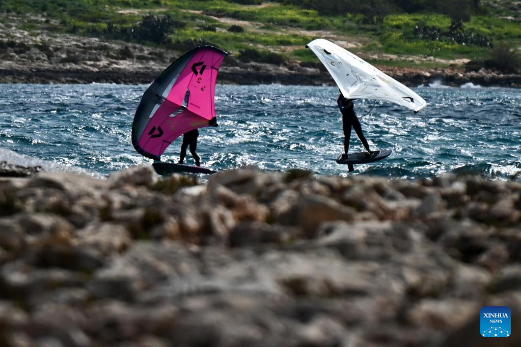 Kitesurfers seen off Bahar ic-Caghaq coast in Naxxar, Malta