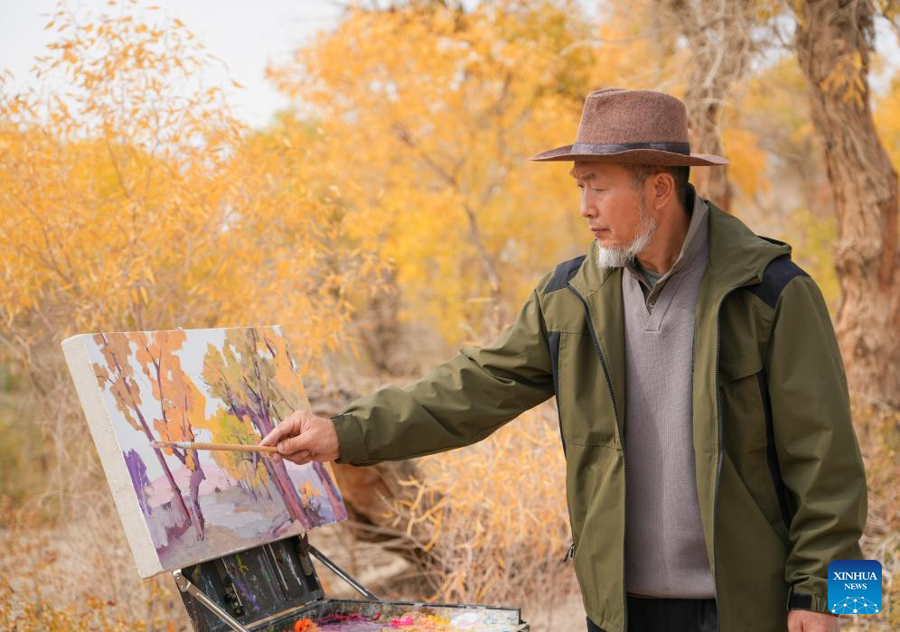 Autumn scenery of populus euphratica forests, Tarim River attracts tourists to Xinjiang