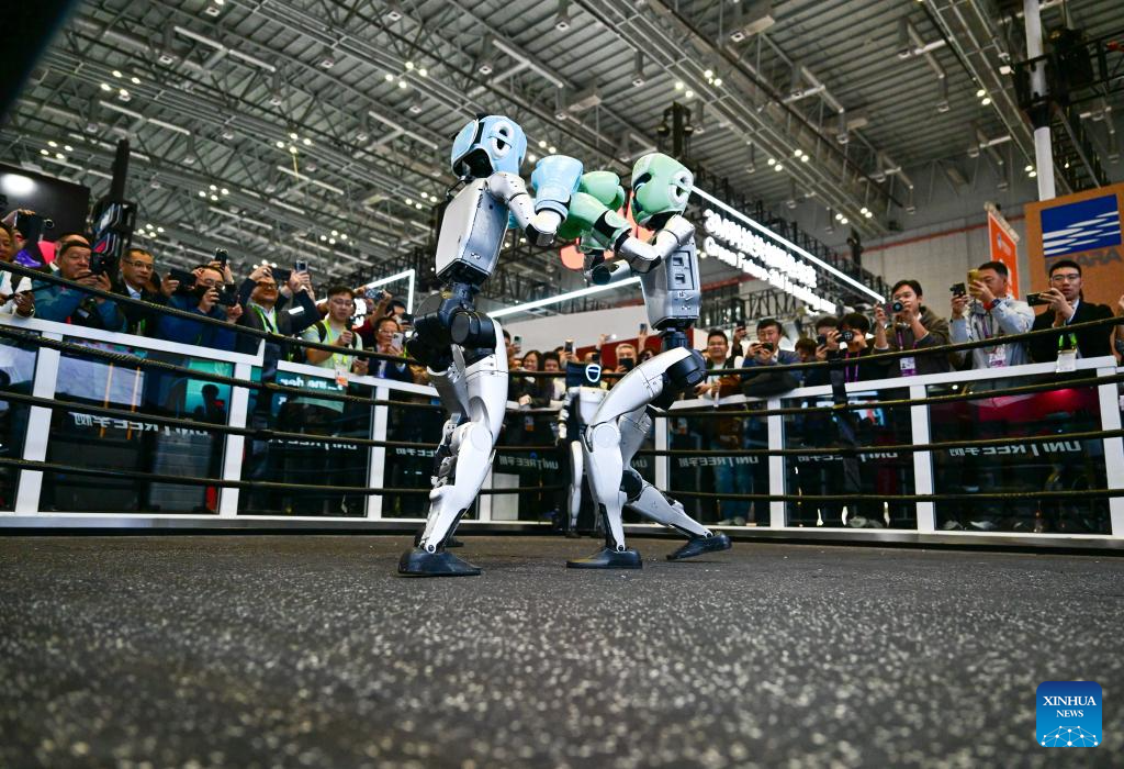 Humanoid robots perform fighting at 8th CIIE in Shanghai