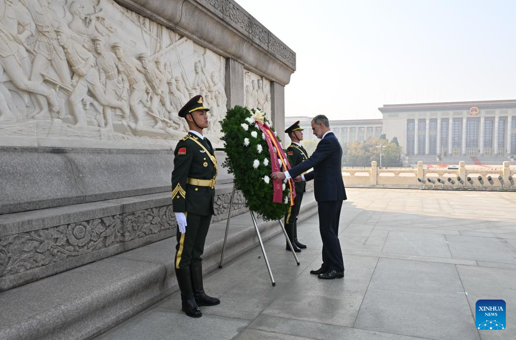 King Felipe VI of Spain lays wreath at Monument to People's Heroes on Tian'anmen Square in Beijing