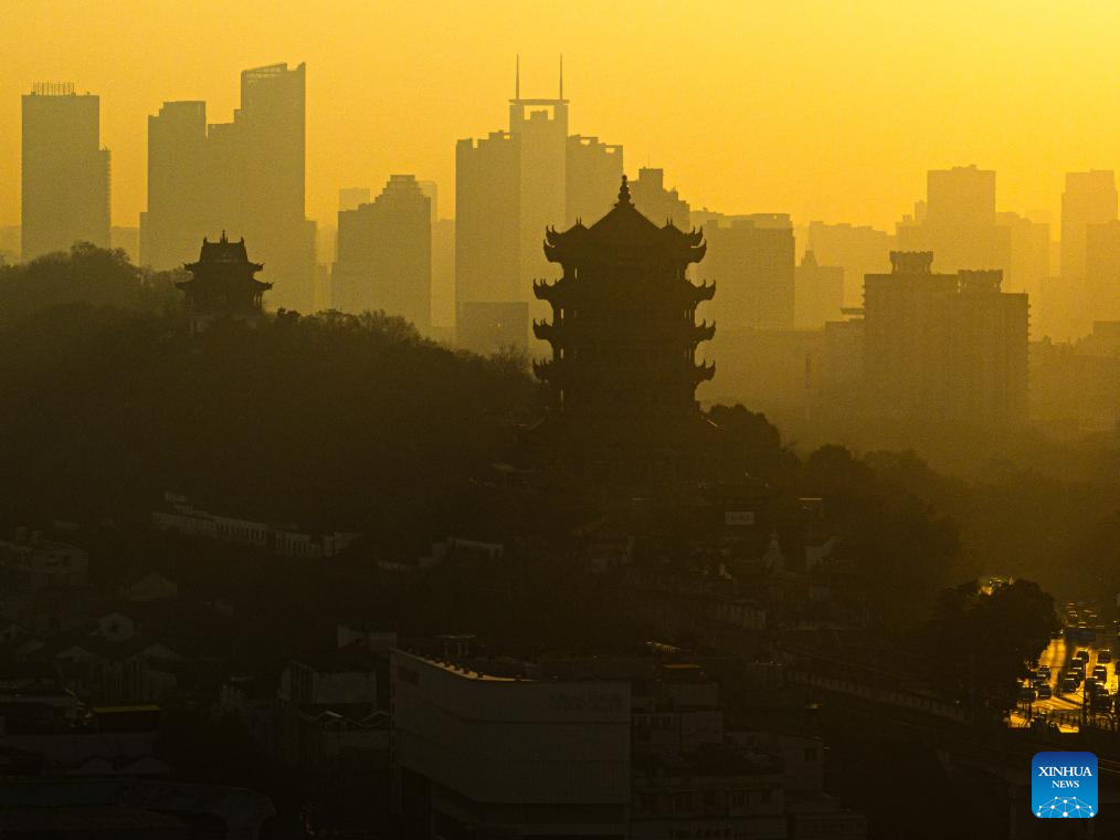 Scenery of Yellow Crane Tower at sunrise in Wuhan, China's Hubei