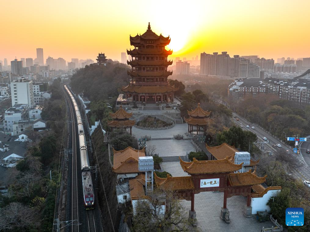 Scenery of Yellow Crane Tower at sunrise in Wuhan, China's Hubei