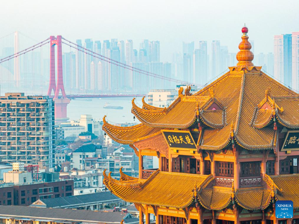 Scenery of Yellow Crane Tower at sunrise in Wuhan, China's Hubei