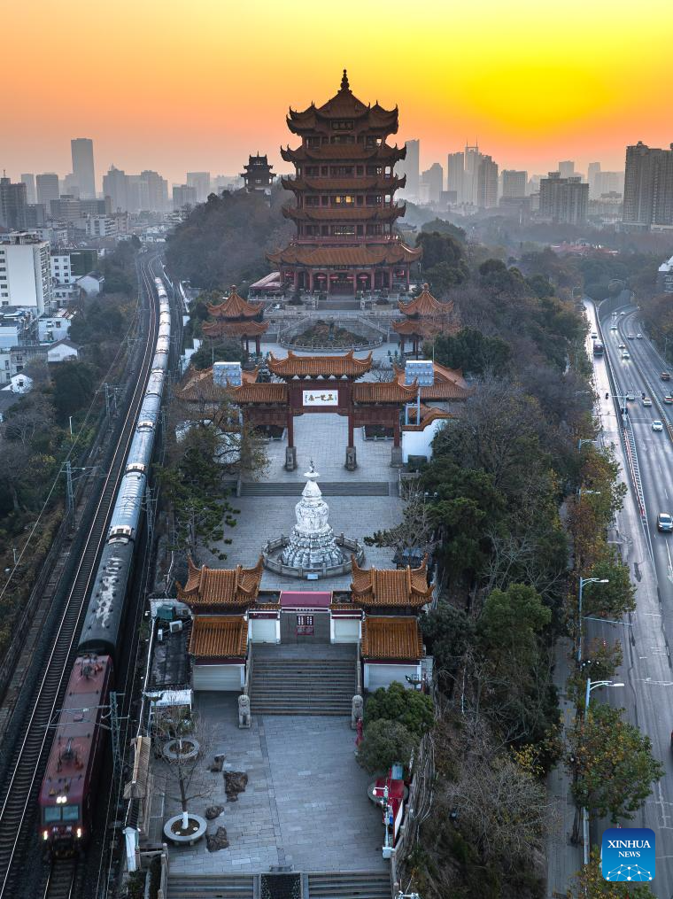Scenery of Yellow Crane Tower at sunrise in Wuhan, China's Hubei