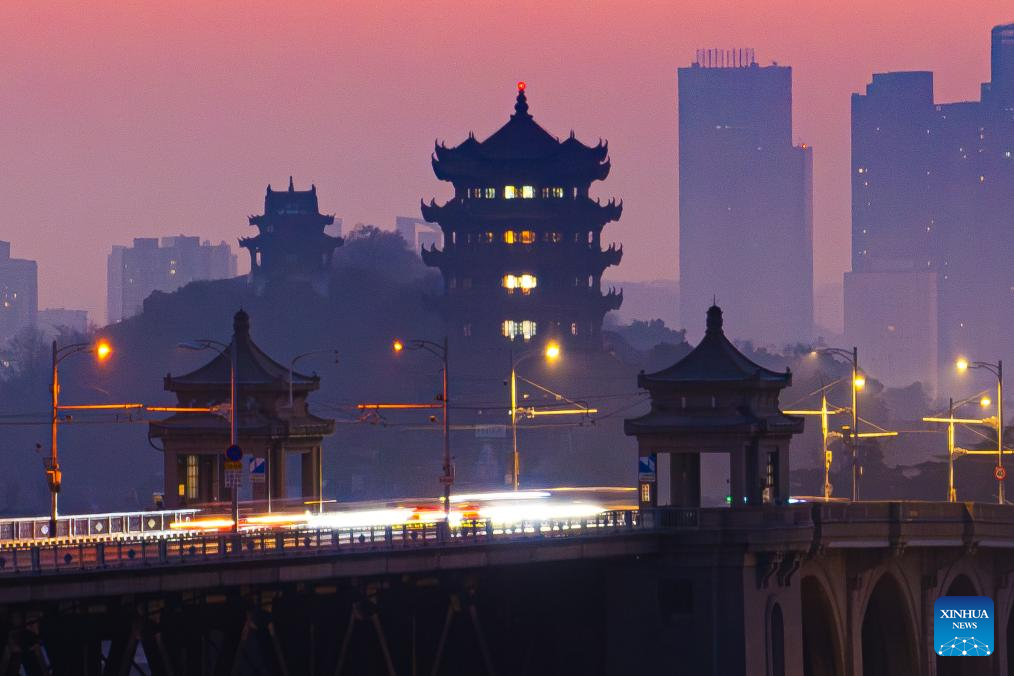 Scenery of Yellow Crane Tower at sunrise in Wuhan, China's Hubei