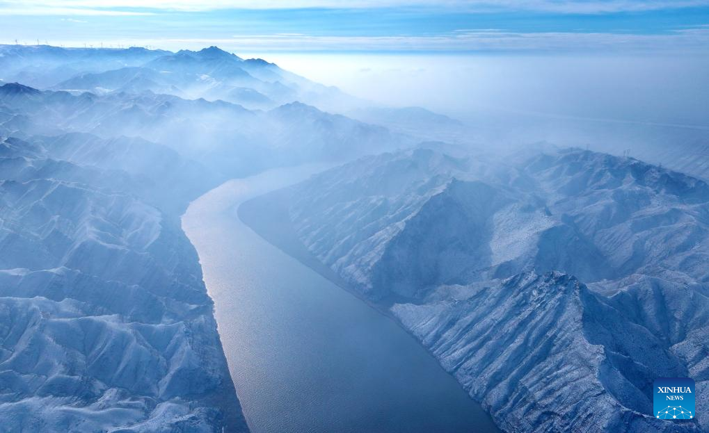 View of Yellow River after snowfall in NW China