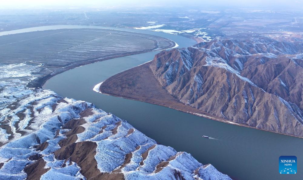 View of Yellow River after snowfall in NW China