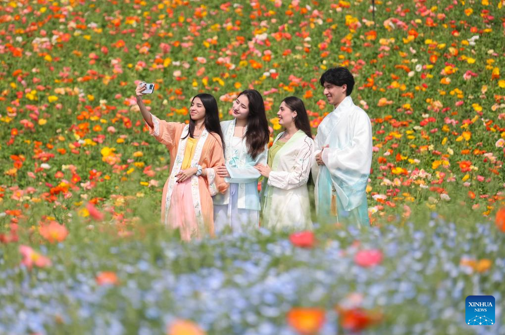 People enjoy blooming flowers in China's Jiangsu